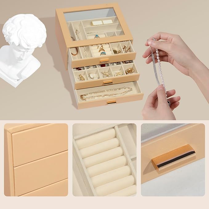 Jewelry Box with Glass Lid, 3-Layer Jewelry Organizer for Women Girls, PU Leather Display Case with 20-Grid Earring Tray & Mo