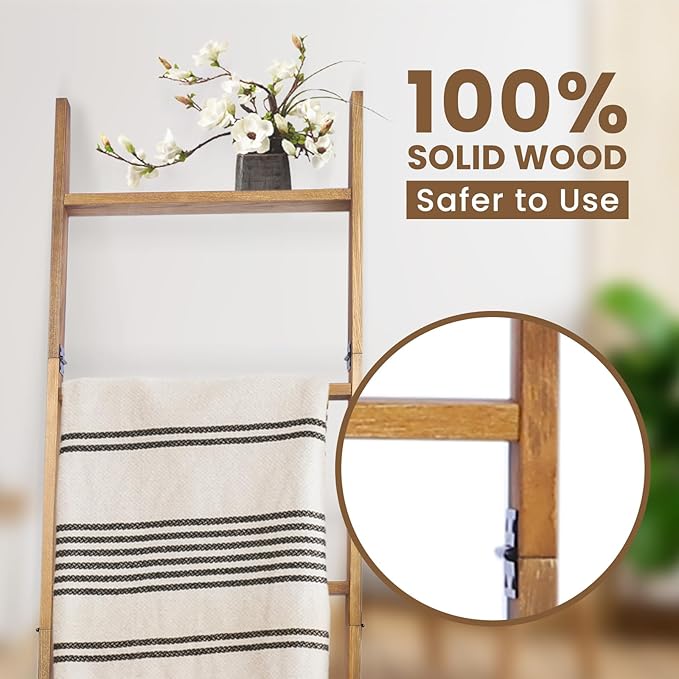 Blanket Ladder, 5-Tier Wooden Quilt Stand, Decorative Ladder Shelf, Leaning Shelf, Wall Leaning Blanket Ladder Towel Storage 