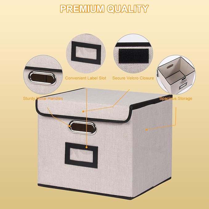Large Square Storage Bin with Lid, Foldable Organizer Box with Handles & Label Design, for Office, Closet, Home, Documents, G