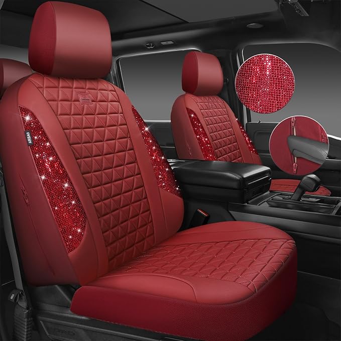 CAR PASS Bling Diamond Burgundy Leather Car Seat Covers Full Sets Interior Sets, Waterproof Shining Glitter Sparkly Crystal U