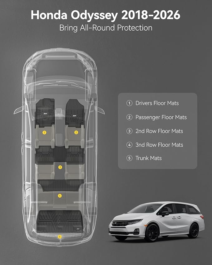 3W Floor Mats & Cargo Liner Fit for Honda Odyssey 2026 2025-2018 Mini Passenger Van, All Weather TPE Floor Liners 1st 2nd & 3rd Rows Car Mats and Trunk Liner Odyssey Car Accessories, Black