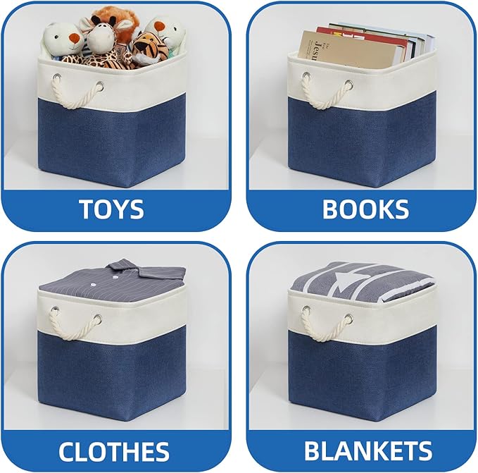 Temary Fabric Storage Cubes 11x11 Cube Storage Bins 4Pack Blue Basket for Organizing Home, Closet, Empty Gift Baskets with Ha