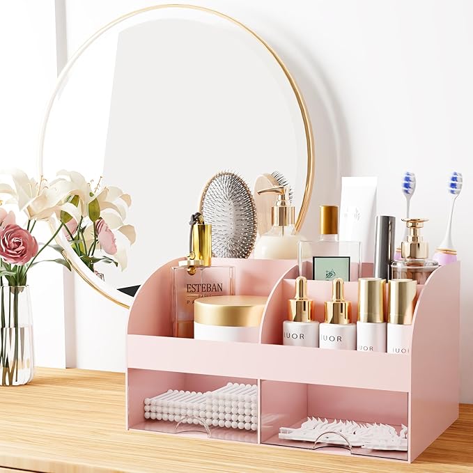 Makeup Organizer with Drawers, Cosmetic Storage for Dresser Vanity and Bathroom Countertop, Beauty Holder for Lipstick Brush,