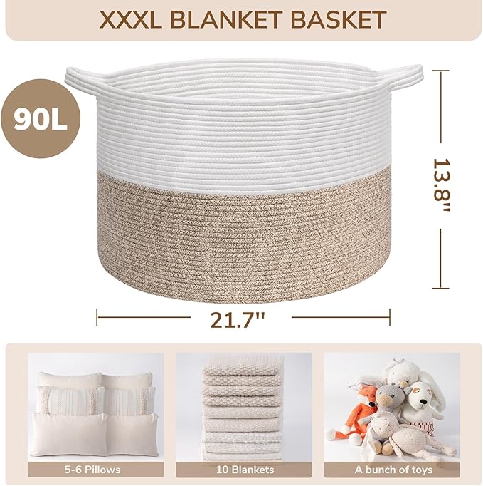 INDRESSME Large Laundry Basket, 21.7'' x 13.8'' Cotton Rope Blanket Basket Living Room Toy Baskets Storage Kids, Woven Basket