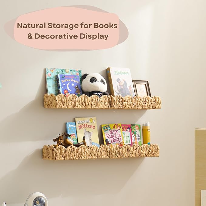 4 Pack Nursery Book Shelves, Scalloped Water Hyacinth Book Shelf for Kids Rooms, Handwoven Floating Book Shelves for Wall, 15