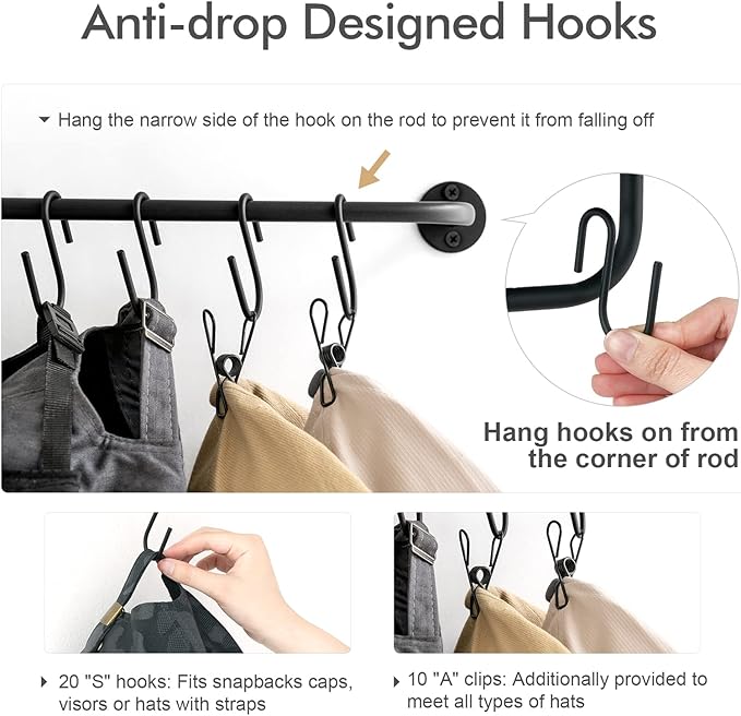 Mkono Hat Rack for Wall Baseball Cap Organizer Hanger with 20 Hooks Modern Metal Hat Holder Wall-Mounted Caps Display for Clo