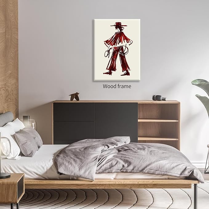 Vintage Western Cowboy Framed Wall Art Decor Red Wine Cowgirl Posters Burgundy Cowgirl Prints Midwest Rustic Cowboy Painting 