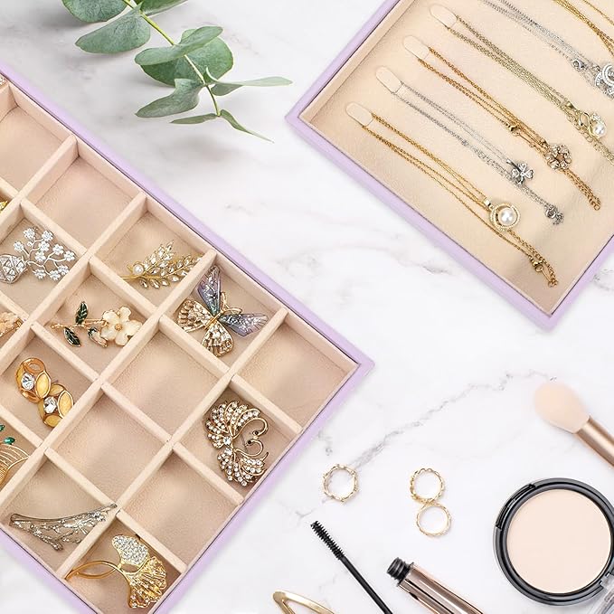 Voova Stackable Jewelry Organizer Tray with Lid, PU Leather Jewelry Storage Holder for Drawer Inserts, Jewellery Display Box 