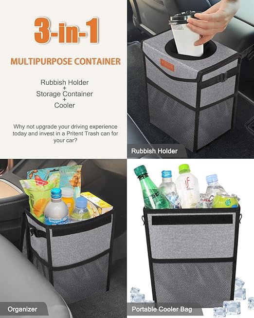 Car Trash Can with Lid, Cute Leakproof Car Trash Garbage Bag Hanging Vehicle Trash Bin Small Portable Automotive Garbage Cans Organizer for Back/Front Seat/Console(2.8 Gallons,Grey)
