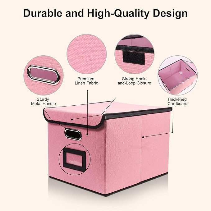File Storage Box with Lid, 15.55x12.87x10.43 Inches, Foldable Organizer with Handles & Label Slot, for File Storage, Home, Of
