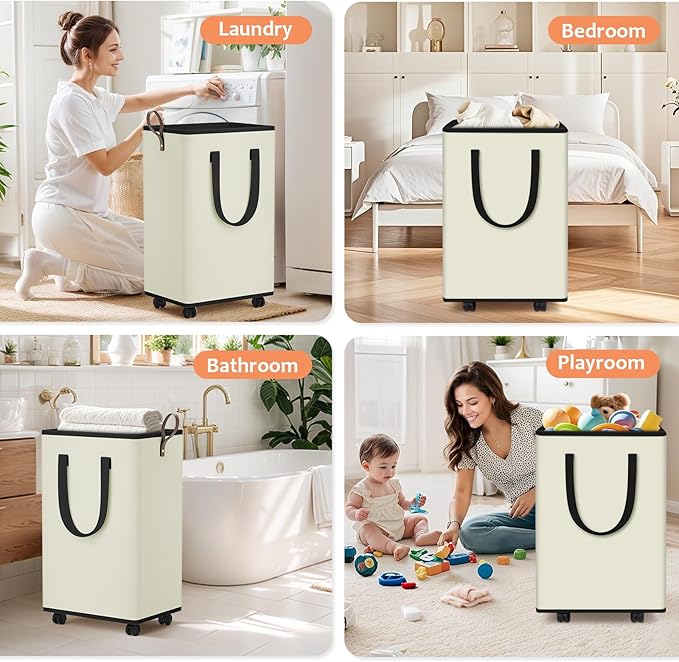 SpaceTrove Laundry Basket with Wheels, Collapsible Laundry Baskets, Laundry Hamper with Handles Detachable Wheels, Rolling La