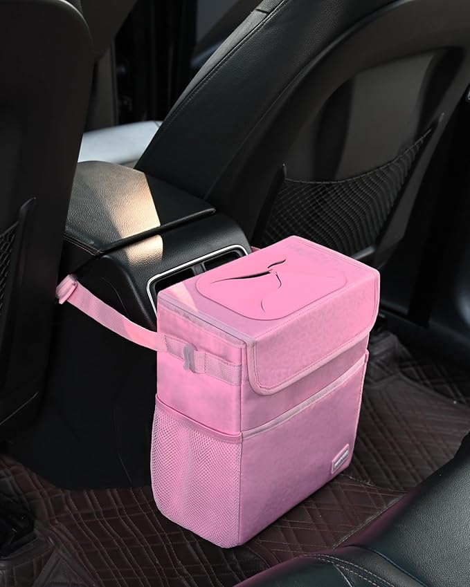 Car Trash Can Cute - Multifunctional Interior Car Accessory for Women, Car Organizer and Storage with Adjustable Straps, Car Stuff Storage 2 Gallons (Leopard-Print Pink)