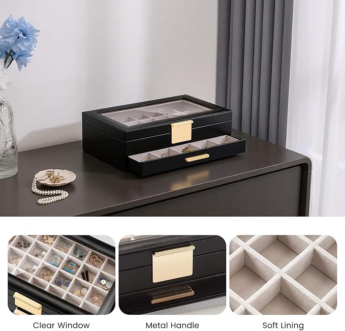 Lolalet Earring Storage Box Case with Glass Top, Large Earring Jewelry Holder Organizer Display with Drawer and Grid, Gifts f