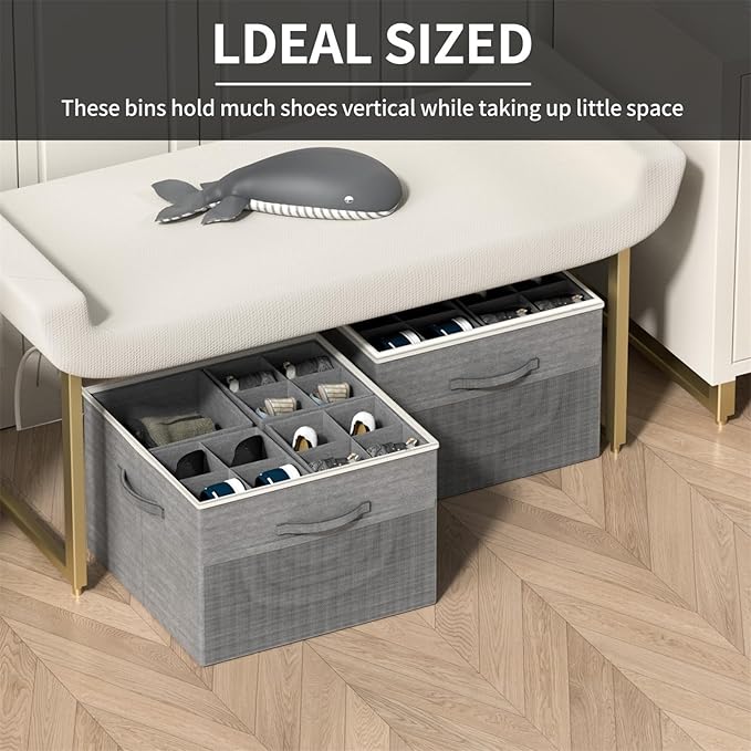 Aokeyee Shoe Organizer for Closet,2 Pack Foldable Shoe Storage Organizer Box Bin with Adjustable Dividers and Clear Cover, Fi
