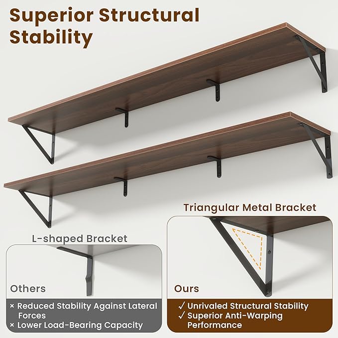 55" Long Wall Mounted Floating Shelves,8 inch Deep Floating Shelf with Metal Brackets Set of 2,Easy-to-Install Wall Decor Sto