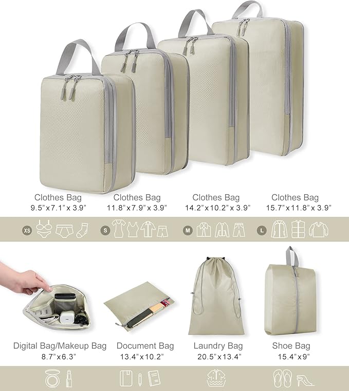 WOOMADA Compression Packing Cubes for Suitcases Travel Essentials 8 Set Expandable Travel Bags Organizer for Luggage(beige)
