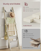 VASAGLE Blanket Ladder for Living Room, 5-Tier Wooden Ladder Shelf, Decorative Farmhouse Blanket Rack with Synthetic Leather 