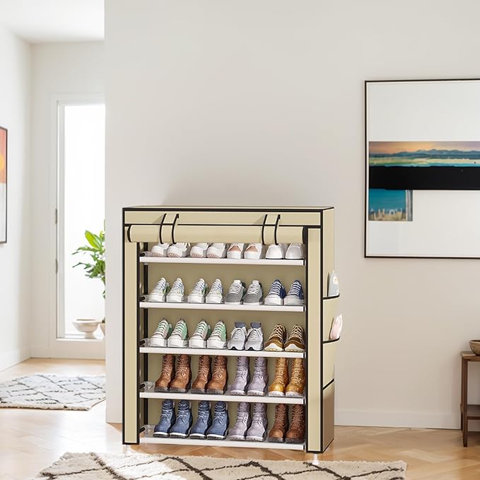 Laiensia 5-Tier Vertical Shoe Rack Organizer, Space Saving Shoe Storage Organizer, Non-Woven Cover Shoe Shelf Holds 20-25Pair