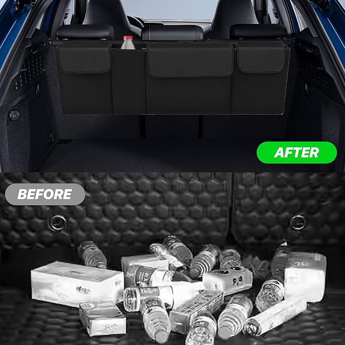 Car Trunk Organizer, Waterproof Backseat Hanging Large Storage with Adjustable Straps, Collapsible Cargo Bag with 4 Pockets,