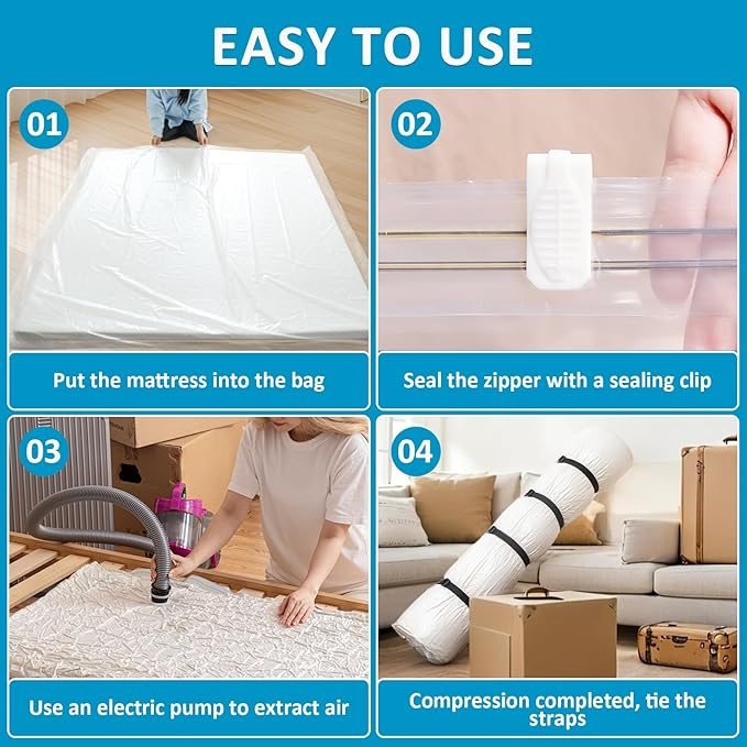 Mattress Vacuum Bag for Queen and Full Size, 78.7x98.4in Space Saver Mattress Vacuum Seal Bag with 4 Straps Dual-Zip Seal Mat