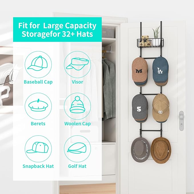 HapiRm Over Door Hat Rack - 2 Packs Wall Mounted Hat Holder with 6 Hooks and Metal Basket Design, Baseball Cap Organizer Stor