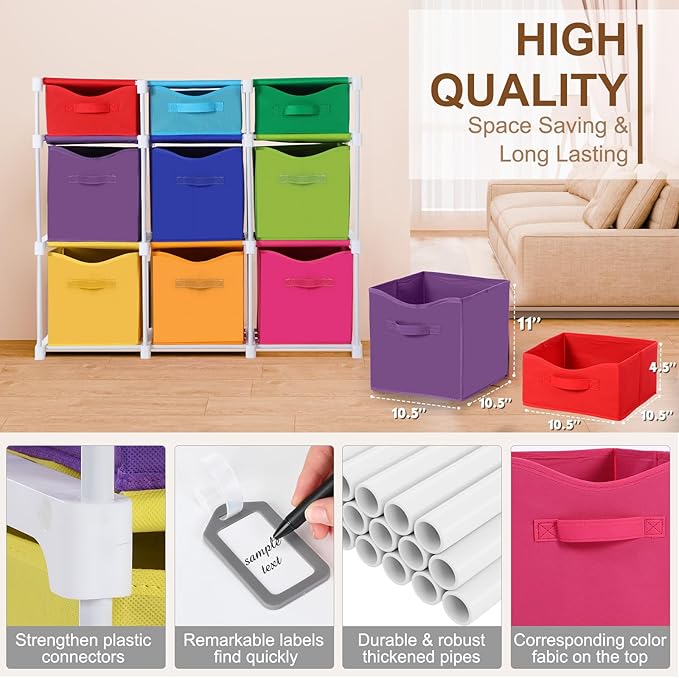9 Cube Storage Organizer Shelf with Storage Bins and Label, 11 Inch Toy Cube Bins Clothes Closet Organizers Drawers Fabric Dr