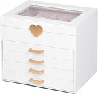 Kendal Jewelry Box, 5-Layer Jewelry Organizer Box with Glass Lid, Brass Gold and White, Heart Shaped PU Leather, Storage Box 