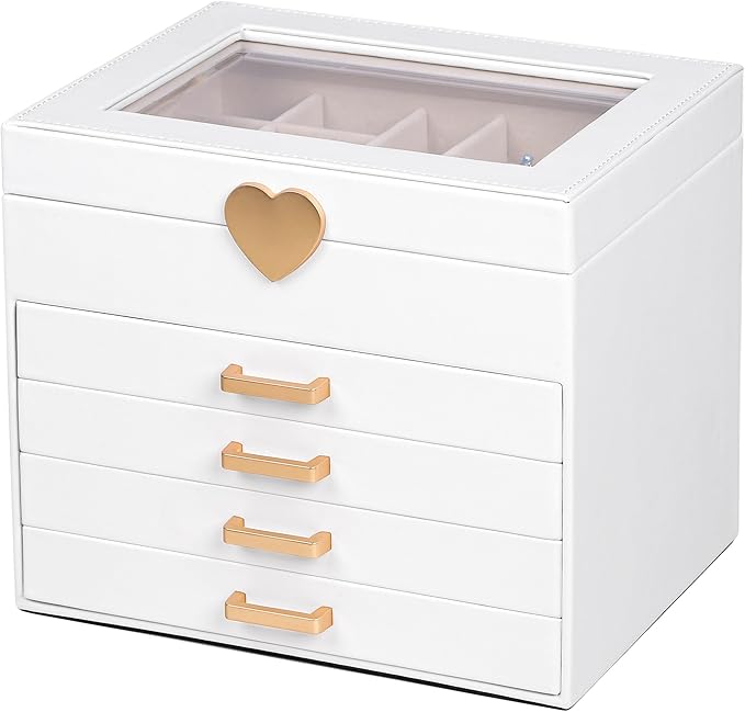 Kendal Jewelry Box, 5-Layer Jewelry Organizer Box with Glass Lid, Brass Gold and White, Heart Shaped PU Leather, Storage Box 