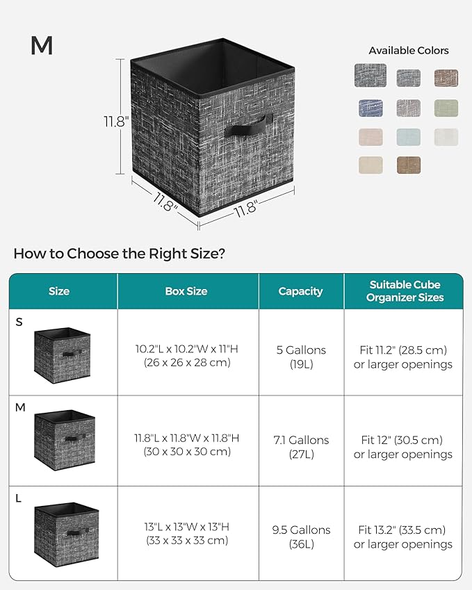 SONGMICS Storage Cubes, 11.8-Inch Non-Woven Fabric Bins with Double Handles, Set of 6, Closet Organizers for Shelves, Foldabl