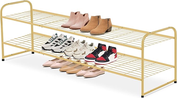 AOODA Long 2 Tier Shoe Rack for Closet Metal Wide Stackable Shoe Storage Organizer for Entryway, Bedroom, Floor, 18-Pairs Low