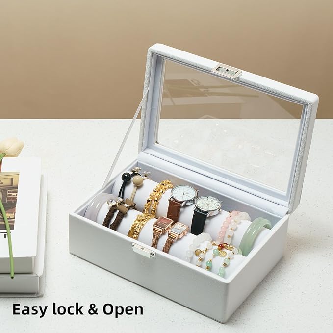 Bracelets Organizer Rods Bangles Display Holder, Clear See through Lid Leather Velvet Jewelry Storage Box Case for Women, 2 R