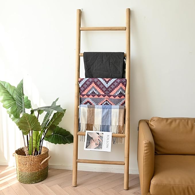 FUIN 6.4ft Extra Wide Wood Blanket Ladder Living Room Decorative Wall Leaning Farmhouse Quilt Display Holder Rustic Wooden To