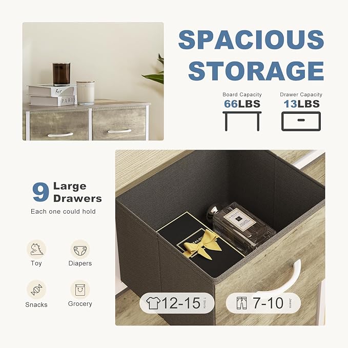 DUMOS 9 Drawer Dresser for Bedroom, Fabric Storage Organizer with Sturdy Metal Frame, Wooden Top Chest of Drawers for Closet 