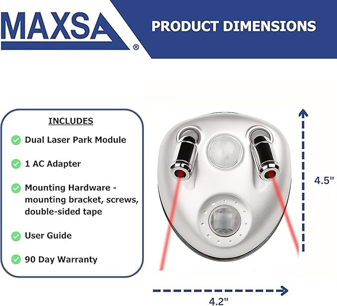 Maxsa 37314 Park Right Dual Laser Parking Guide for Garage with Adjustable 360-Degree Lasers, Motion Activated with LED Light, AC Adapter and Battery Backup, Car and SUV Parking Guide, Silver