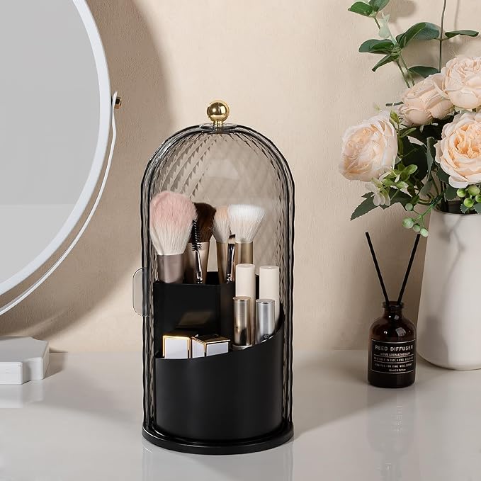 Toothbrush Holder with Cover for Bathroom Countertop, Rotating Organizer for Electric Tooth Brush and Toothpaste, 3-Slot Make
