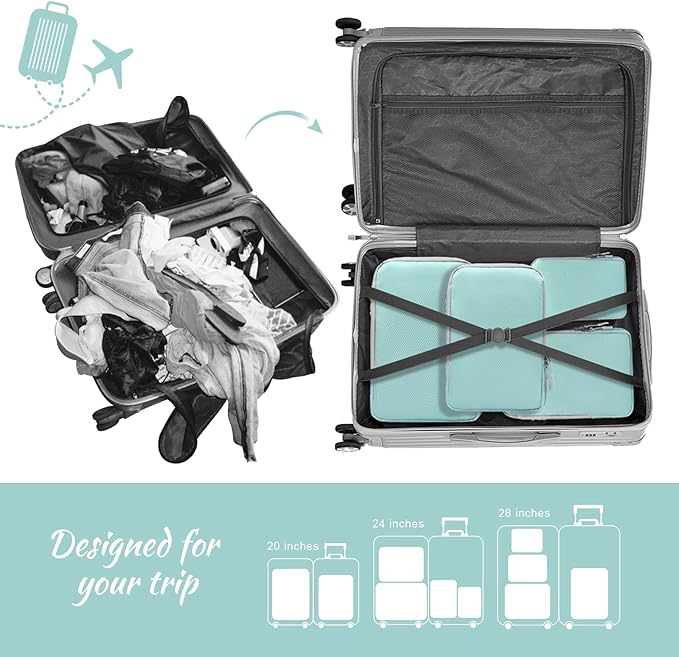 WOOMADA Compression Packing Cubes for Suitcases Travel Essentials 4 Set Expandable Travel Bags Organizer for Luggage(turquois