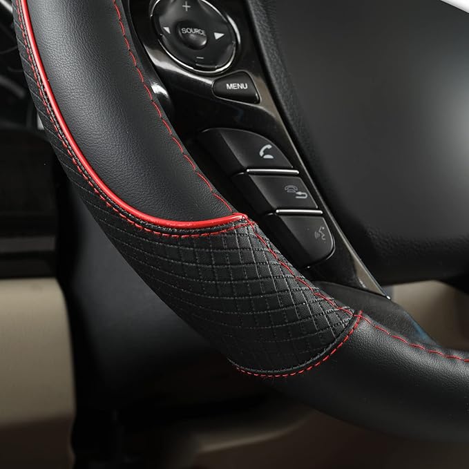 GIANT PANDA Microfiber Leather Steering Wheel Cover for Honda Accord,Civic,CR-V,HR-V,Pilot(Diamond-Pattern-Black+Red Line-Sta