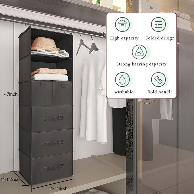 6-Shelves Hanging Closet Organizer with 5 Different Drawers, Foldable Closet Organizers and Storage for Wardrobe, Closet& RV,
