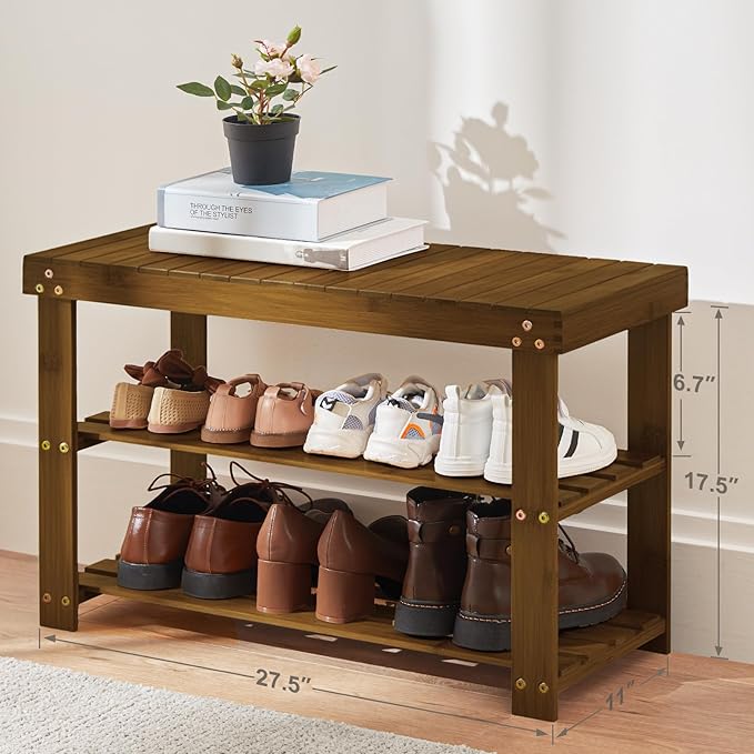 Pipishell Bamboo Shoe Rack Bench, 3 Tier Sturdy Shoe Bench, Storage Shoe Organizer, Holds up to 300lbs for Entryway Bedroom L