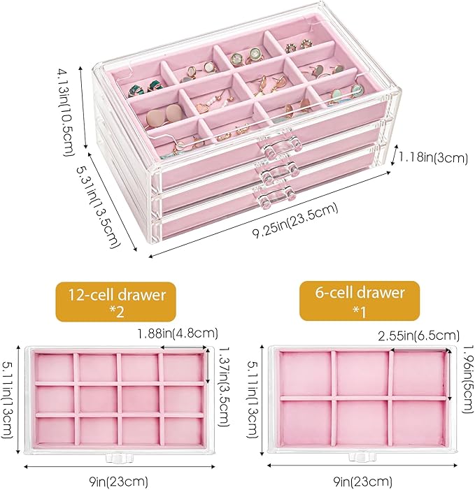 ProCase Earring Holder Organizer Jewelry Box with 3 Drawers, Acrylic Clear Earring Case with Adjustable Velvet Trays for Wome