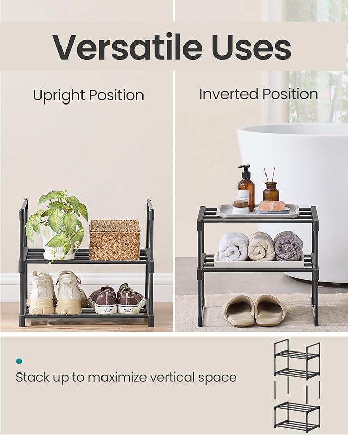 SONGMICS Shoe Rack, 2-Tier Shoe Organizer, Metal Storage Shelf, Upright or Upside Down, for 3-6 Pairs, Stackable, for Entrywa