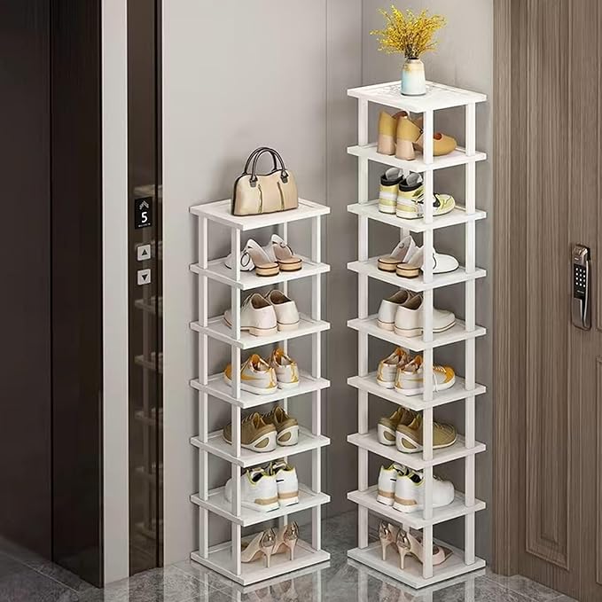 SAN HE 7-Tier Modern Bamboo Shoe Rack - Vertical, Slim, Space-Saving Shoe Organizer for Small Spaces, Closet, Entryway, Corne