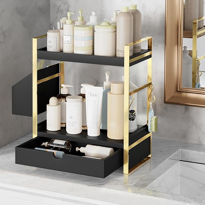 2-Tier Bathroom Counter Organizer with Drawer and Basket, Wood Countertop Organizer for Storage, Skincare Organizers for Vani