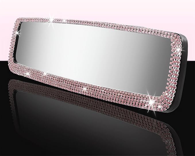 Bling Rhinestone Car Rear View Mirror - Crystal Diamond Decor for Women - Stylish Automotive Interior Accessory (Pink)