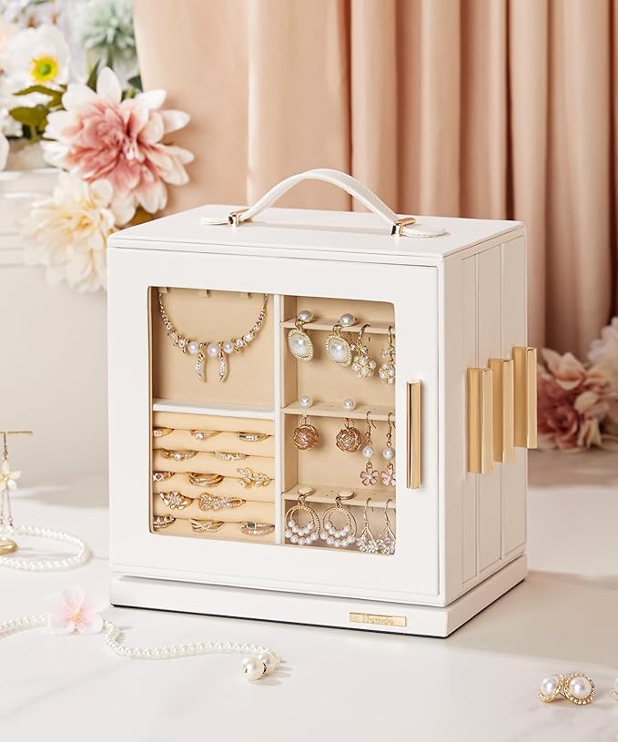 Homde Jewelry Box 360° Rotating, Necklace Earring Organizer with Transparent Window, Mirror, 7 Drawers, Large Ring Display St