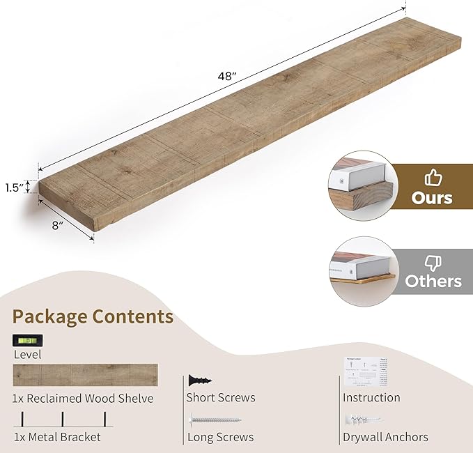 Floating Shelves - 8" Deep Rustic Reclaimed Barnwood Wall Hanging Shelves with Invisible Heavy-Duty Metal Bracket - Wall Moun