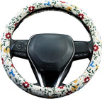 Embroidered Red Flower and Cute Daisy Steering Wheel Cover Auto Anti-Slip Breathable Rubber Steering Wheel Protector,Floral Car Accessories for Women,Universal Size Fit Most Cars -15 inch