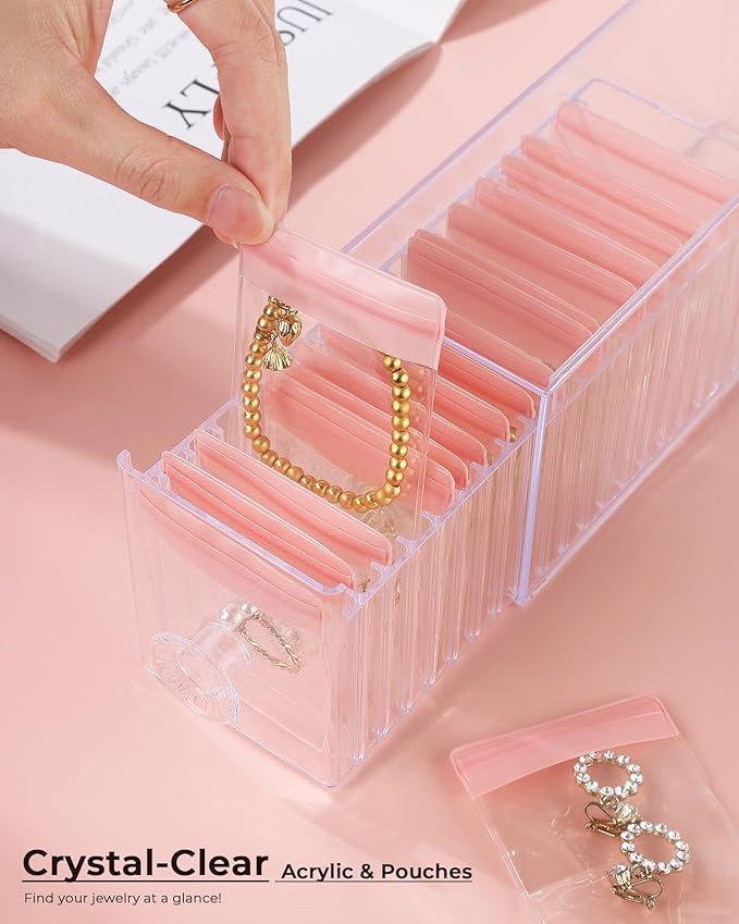 HOMEHIVE Clear Acrylic Jewelry Organizer Box with 20 Portable Pouches, Jewelry Storage Case for Women Girls, Tangle-Free, Ant