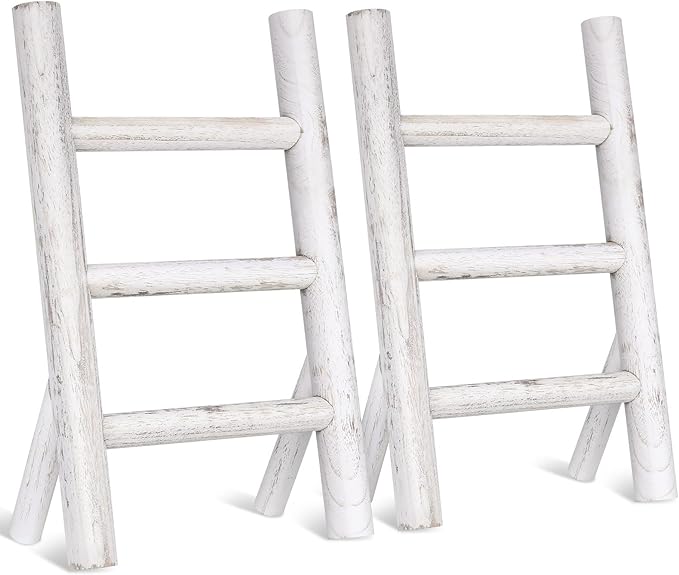 Cinnvoice 2 Pcs Wooden Tea Towel Ladder Rustic Hand Towel Stand Rack Mini Countertop Towel Stand Farmhouse Wood Counter Towel