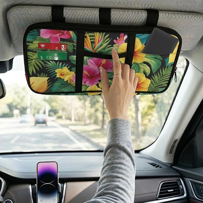 Tropical Plants Car Sun Visor Organizer with Multi-Pocket Car Visor Organizer with Card Holder Easy Installation Universal Fit for Most Cars SUV